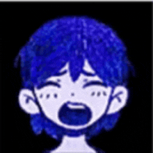 a drawing of a boy with blue hair crying .