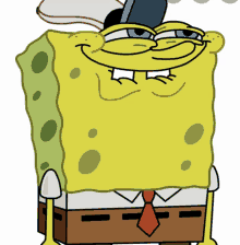 a cartoon of spongebob wearing a hat and tie with his eyes closed