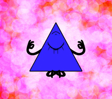 a blue triangle with arms and legs is sitting on a pink background