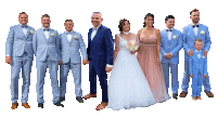 a bride and groom are surrounded by their wedding party