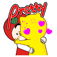 a cartoon drawing of a girl kissing a yellow cat with the word pretty behind them