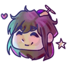 a cartoon drawing of a girl with purple hair and a heart and star .