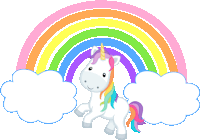 a unicorn with a rainbow behind it and clouds