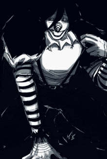 a black and white drawing of a clown with striped arms