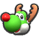 a green yoshi with reindeer antlers and a red nose on a white background .