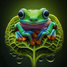 a frog is sitting on a green leaf with water drops on it