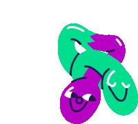 a cartoon drawing of a green and purple object with faces