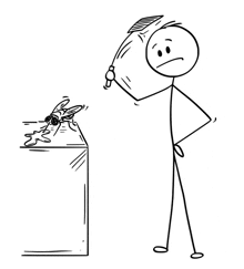 a black and white drawing of a stick figure holding a spatula and a mosquito on a box .