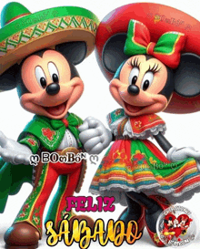 mickey mouse and minnie mouse are dressed in traditional mexican outfits