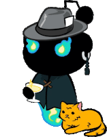 a cartoon character holding a glass of wine and a cat