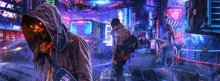 a man in a hooded jacket is walking down a street in a futuristic city at night .