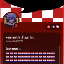 a red and white checkered background with a speech bubble that says xemanik : flag_hr