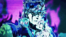 a painting of jotaro kujo from jojo 's bizarre adventure standing in front of a purple and blue background .