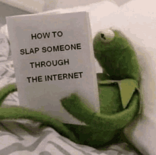 kermit the frog is sitting on a bed holding a book about how to slap someone through the internet .