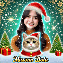 a picture of a woman with a cat wearing a santa hat with the words museum bola below it