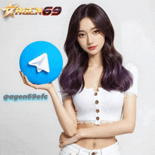 a woman in a white top holds a blue ball with a telegram icon on it