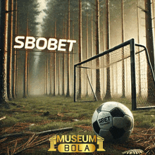 a soccer ball is on the ground in front of a goal with the words sbobet museum bola written on the bottom