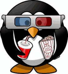 a penguin wearing a pair of 3d glasses is holding a soda and popcorn .