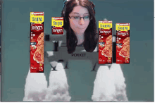 a woman is surrounded by boxes of hot pockets with smoke coming out of them