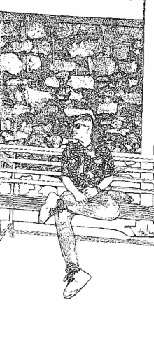 black and white drawing of a person sitting on a bench