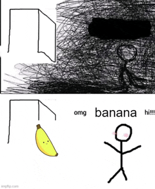 a stick figure is standing next to a banana that is hanging from a pole .