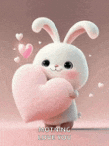 a bunny rabbit is holding a pink heart and saying `` morning love you '' .