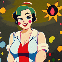 a cartoon drawing of a woman with green hair and a yellow sun in the background