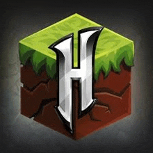 a logo for a video game called minecraft with a letter h on a block of dirt .