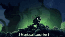 a cartoon character is standing on top of a pile of rocks with the words maniacal laughter written above him .