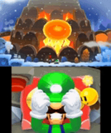 a cartoon character with a green hat and gloves is sitting in front of a fire in a video game .