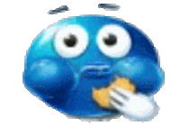 a blue smiley face with big eyes is holding a fork in its mouth .