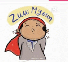 a cartoon drawing of a woman with a red scarf around her head and the words zuw myoum written above her