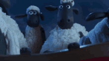 a group of cartoon sheep are looking out of a window at night