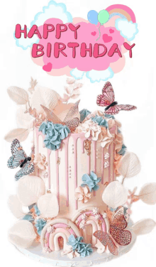 a birthday cake with butterflies and rainbows and the words happy birthday