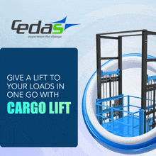 a cargo lift is shown on a blue background with the words " give a lift to your loads in one go with cargo lift "