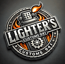 a logo for lighter 's customs 941 shows a lighter with a flame coming out of it