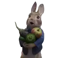 a rabbit in a blue jacket is holding apples and peppers