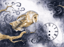 a painting of an owl on a branch with a clock in the background