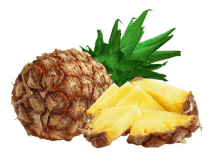 a pineapple with green leaves and slices of pineapple