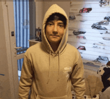 a young man wearing a hoodie stands in front of a wall of cars