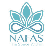 the logo for nafas the space within is a blue flower with an infinity symbol in the middle .