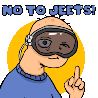 a cartoon of a bald man wearing goggles with the words " no to jeets " above him