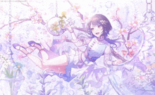 a girl in a purple dress is holding a vase with flowers in it