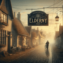 an elderly sign hangs above a cobblestone street