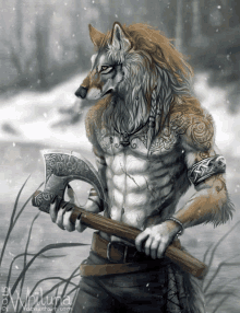 a drawing of a wolf holding a large axe with the year 2015 on the bottom