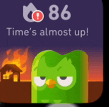 a cartoon of a green bird with the words time 's almost up on the bottom