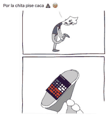 a cartoon of a man stretching and a remote control with the words por la chita pise caca below it