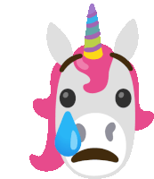 a crying unicorn with a pink mane and a rainbow horn