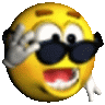 a cartoon smiley face wearing sunglasses and waving at the camera .