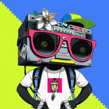 an illustration of a person with a boombox on their head and a flower in their hair